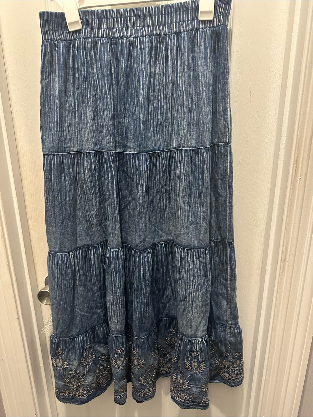 Source Unknown Denim-Blue Tiered Maxi Skirt with Embroidered Hem